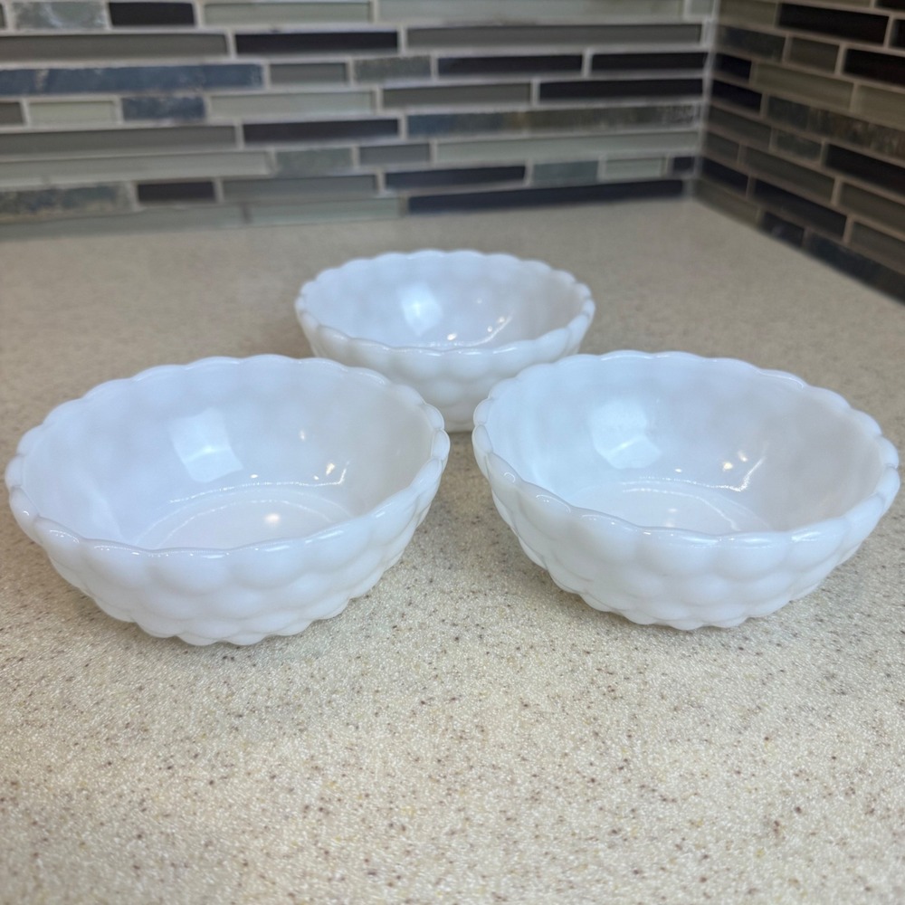 VTG 1950s Anchor Hocking White Milk Glass Hobnail Bowls 3pc Set Mid-Century 4.5"